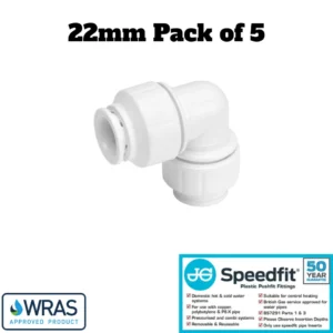 JG Speedfit 22mm Push Fit Elbow Connector – White – WRAS Approved (Pack of 5)