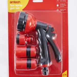 5pc GARDEN SPRAY GUN SET 6 FUNCTIONS WATERING LOCKING CLIP 4 FITTING HOSE Amtech